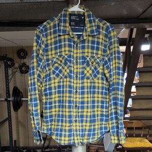 American Eagle Outfitters Men's Checkered Shirt in Blue and Yellow